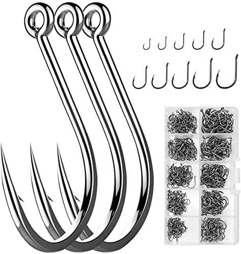 Amo da Pesca,Esca in Acciaio al Carbonio Gancio da Pesca, 600 Pz Ami da Pesca in 10 Dimensioni, Amo da Pesca Occhiello, Ganci Spinato, Ami da Pesca in Acciaio al Carbonio con Scatola di Plastica-nero