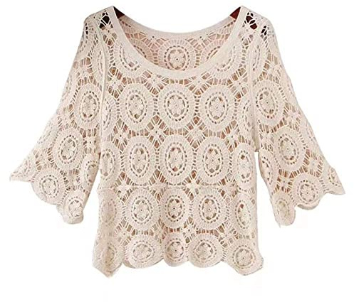 T-Shirt d'été à Manches 3/4 pour Femme - Style bohème Hippie - en Tricot - Motif Floral, Beige, Taille Unique