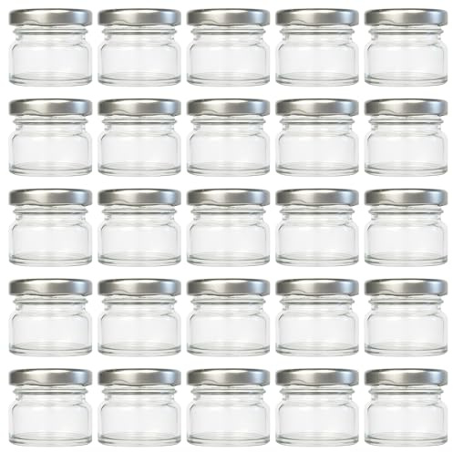 Vitrea 25x Mini Marmeladengläser 30 ml - mit Deckel Silber TO 43 - kleine Einmachgläser zum befüllen mit Schraubdeckel - Schraubgläser - leere Gläser für Marmelade - 25 Stück