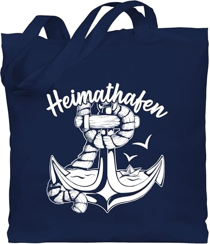 Baumwolltasche - Sportbeutel bedruckt Geschenk - Heimathafen mit Anker und Papierboot weiß - Unisize - Navy Blau - weihnachten stoffbeutel jutebeutel stofftaschen einkaufsbeutel stofftasche