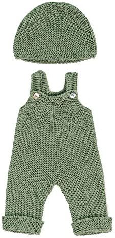Strick-Kleiderset für Miniland Dolls, aus recyceltem Material, für 38cm Puppen. Modell: Latzhose und Mütze, grün