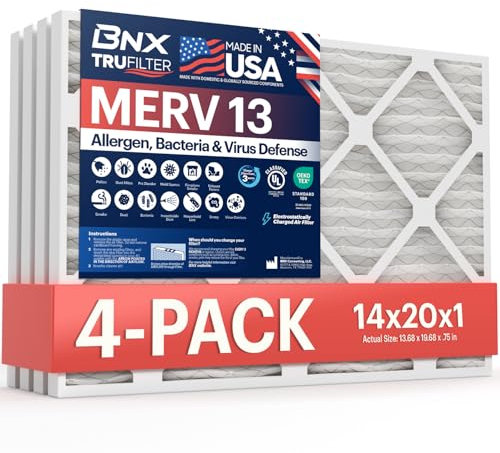 BNX 14x20x1 MERV 13 Air Filter 4 Pack - MADE IN USA - Electrostatic Pleated Air Conditioner HVAC AC Furnace Filters - Removes Pollen, Mold, Bacteria