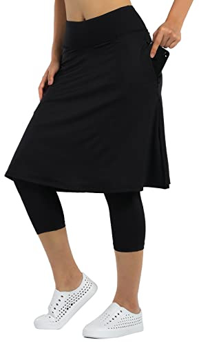 Women Knee Length Athletic Skirts with Leggings,Skirted Leggings Skorts Capris with Skirts for Women Skort Zipper Pockets(Black M)