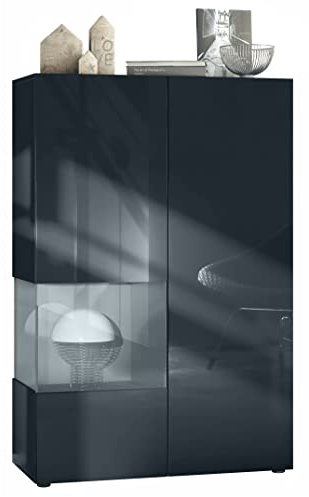 Vladon Vitrine Morena V2, Made in Germany, Standvitrine mit 2 Türen und Glaseinsatz, Korpus Schwarz matt, Fronten Schwarz Hochglanz, Cube Grau Hochglanz (91,5 x 136,5 x 37 cm)