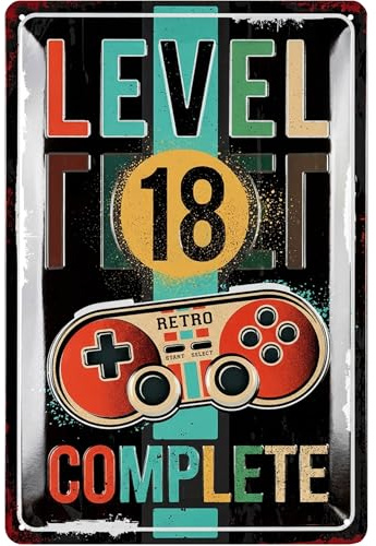 LANOLU Retro Blechschild 18 Schild Geburtstag -LEVEL 18 COMPLETE- Deko 18 Geburtstag Mann, 18 Geburtstag Deko für Gamer, Metallschild 20x30cm