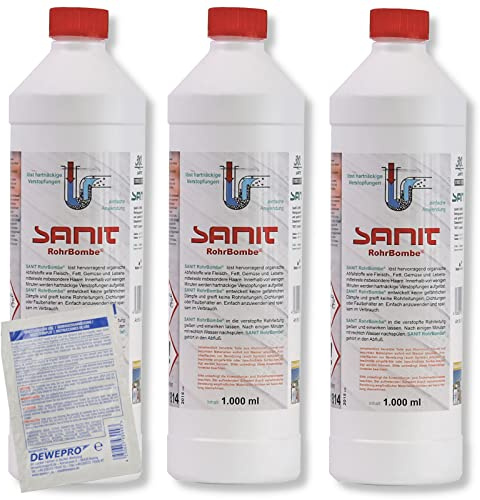 DEWEPRO-Set: SANIT RohrBombe (3066) - 3 Flaschen à 1000ml - Der alternative Rohrreiniger - säurefrei löst er Verstopfungen, insbesondere verursacht durch Haare - inkl. 1 St. DEWEPRO® Single Scrubs