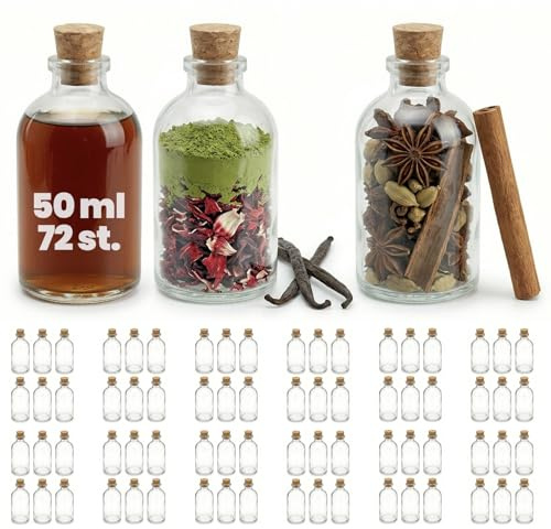 casavetro 72 Glasflaschen 50ml mit Korken – Kleine Flaschen zum Befüllen klar & leer – Likörflaschen Glasfläschchen Mini 50 ml für Deko Gastgeschenke DIY Hochzeit