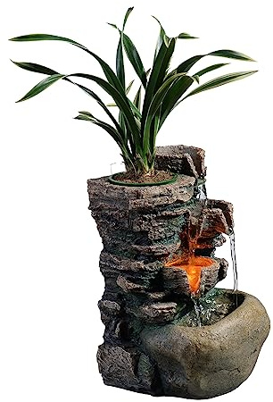Haobos Indoor Fountain 4-Bowl Rockery Soothing Sound Tabletop Fountains Home/Office Decor with a Small Plastic Pot to Grow The Plant by Yourself(Automatic Watering)