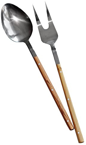NATUREHOME Salatbesteck Olivenholz & Edelstahl – 2-teiliges Salatserver-Set, Salatlöffel und Salatgabel mit Holzgriff, handgefertigt