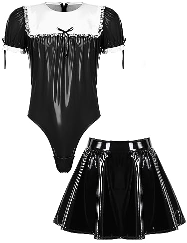 Agoky herr Sissy underkläder set sexig wetlook tjänstflicka body och lack läder kjol crossdresser cosplay halloween temafest kläder svart 3XL