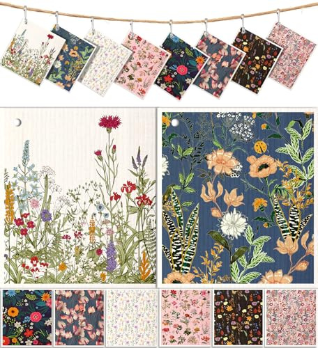 Miss Adola 8 Pack Reusable Kitchen Swedish Dishcloths for Washing Dishes - Absorbent Fast Drying Cleaning Sponge with Cute Flower Design - Washable Decor Cloths