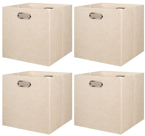 BinWhiz Faltbare Leinen-Aufbewahrungswürfel, 4er Set, 33 x 33 x 33 cm, Dekorative Aufbewahrungsbox für Regale, Schrank, Bücherregal, Schrank, 2 Griffe, Ordnungsboxen, Faltbox (Beige)
