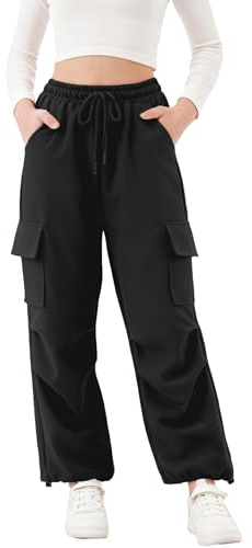 Rolanko Pantaloni Sportivi da Ragazza, con Elastico in Vita Pantaloni da Jogging Attivi Unisex con Tasche Cargo, Nero, 10-11 Anni, 150