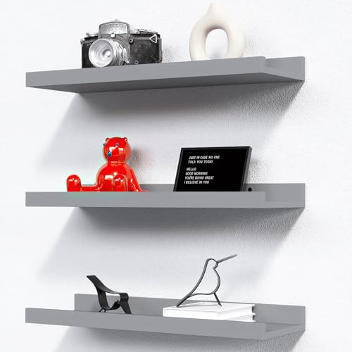 RICHER HOUSE Wandregal Grau, 40x13 cm, Schweberegal aus MDF Holz,3er Set | Bilderleiste, Wandboard, Regal Wand für Fotorahmen und Dekos, Wohnzimmer, Kinderzimmer, Schlafzimmer, Küche, Badezimmerwand