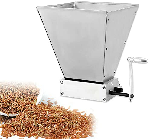 OUKANING 4 l kornkvarn spannmålskvarn manuell maltkvarn ölbryggning spannmålskrossare, kolstålrullar, justerbar, rostfritt stål hölje tratt, med handvev, 2 aluminiumremsor