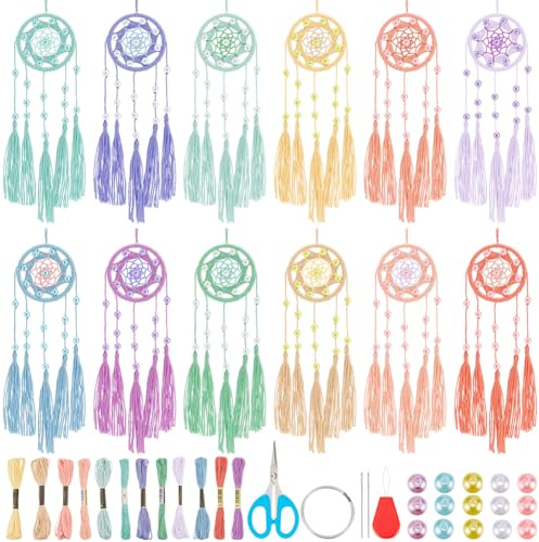 INFUNLY 12 Set Kleine Traumfänger Großpackung DIY Mini Traumfänger Set Doppelwebung Machen Sie Ihr Eigenes Traumfänger Set Für Erwachsene Schlüsselanhänger Set Mit Anleitung Für Taschenanhänger Autosp