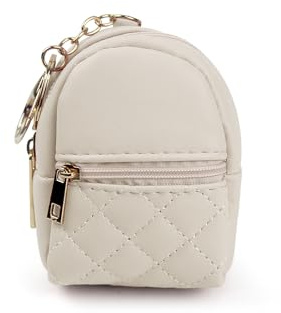 AfitLulu Coin Purse Mini Backpack Shape Coin Wallet with Keychain and 2-Layer Zipper Pocket, Small Coin Purse PU Leather Small Ladies Purse Mini Storage Bag for Storage Coin Key Lipstick (Beige)