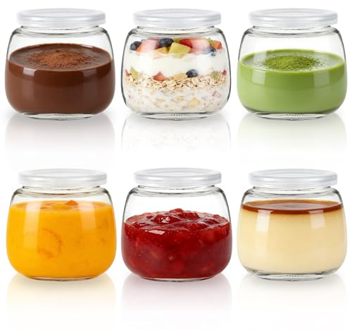 MEETOZ Lot de 6 mini bouteilles en verre de 300 ml avec couvercle en plastique pour yaourt, pudding, lait, gelée