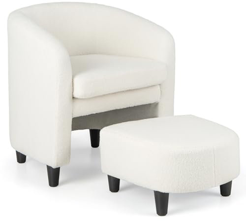 Samt-Sessel mit Fußhocker, modern, gepolstert, Akzentstuhl-Set, bequemer Sessel und Ottomane für Wohnzimmer, Schlafzimmer, platzsparend, Clubsessel zum Lesen, Beige