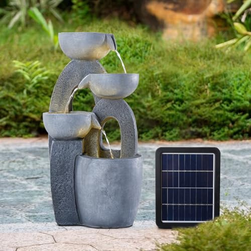 BTGGG Solar Brunnen für Draussen,54cm Kaskaden Schalenförmige und O Säule Solar Springbrunnen für Außen mit Led Beleuchtung, Groß Solar Gartenbrunnen Wasserspiel für Garten Terrasse Balkon