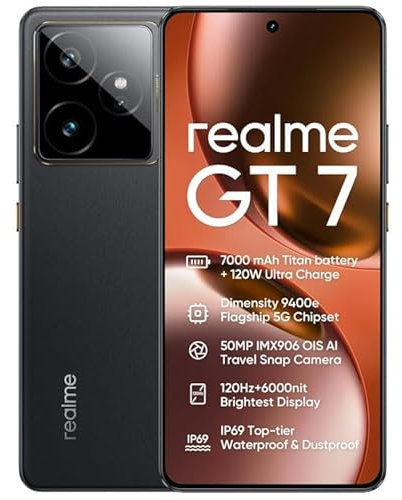 realme GT7, 5G Smartphone, 12+512GB, Batterie 7000 mAh, 120W Charge, Processeur Dimensity 9400e, Appareil Photo IMX906, Écran e-Sport Pro 6000 nits, IP69, Noir, Exclusivité Amazon, Pas Adaptateur