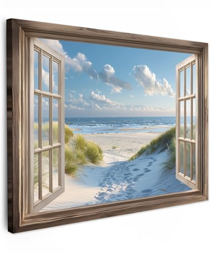 MuchoWow© Leinwand Deko Schlafzimmer Aesthetic Leinwandbilder Wohnzimmer | 80x60 cm - Gemälde Foto Geschenk Living Room Decoration Doorkijk - Strand - Raam - Duinen - Zee