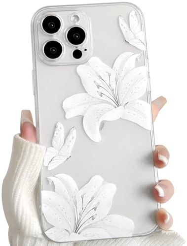 NITITOP für iPhone 13 Pro Max Hülle Durchsichtig Blume Lilien, Weiß