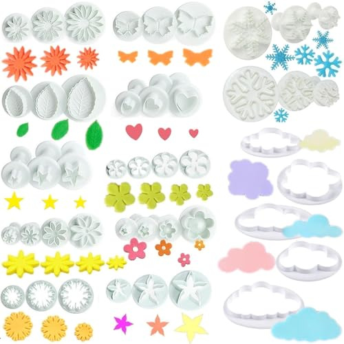 Flower Cookie Cutters,Cake Tools 44 Pcs Snowflake Cookie Cutter Cloud Fondant Cake Plunger Sugarcraft Flowers Leaf Butterfly Heart Shape Decorating Mold DIY Icing Plunger Cutters