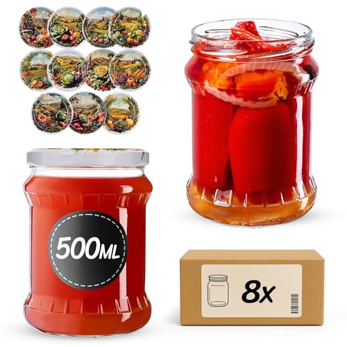 KADAX Barattoli per conserve da 500 ml, con tappo a vite fi82 mm, per conservare frutta, verdura, miele e conserve, barattoli a vite (campo vegetale, 8 pezzi)