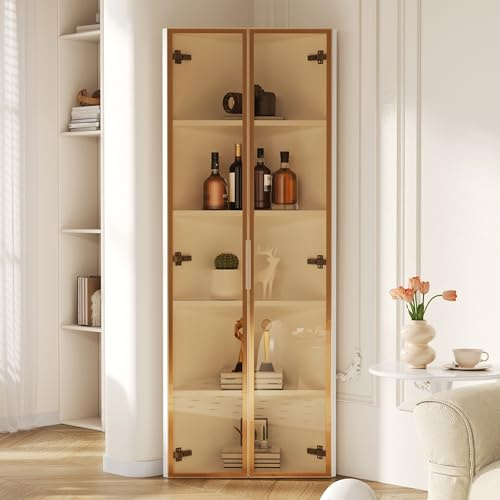 Eichenoptik 70×40×160 cm – LED-beleuchtete Holzvitrine mit Türen aus gehärtetem Glas und LED-Beleuchtung unter jedem Regal – Vitrinen, Bücherregale, Weinschränke, Badezimmerschränke (Glasvitrine)
