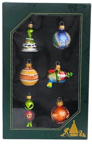 Dekohelden24 Lauschaer Christbaumschmuck - 6er Set Christbaumkugeln Lauscha, Glaskugeln, Glasornamente Aliens - Baumschmuck zum Adventskalender befüllen, aus Lauscha, Größe: 3,5 cm je Ornament.
