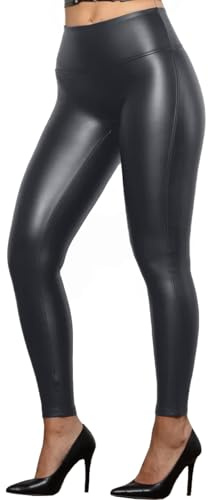 BEACHWAVE CLOTHING Women's Faux Leather Leggings Fleece Lined Winter Leggings with Elastic Waist Shiny Wet Look PU Trousers for a Warm & Stylish Fit Dark Grey