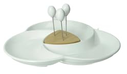 BRANDANI Antipastiera “Spicchio di Luna” – Porcellana & Bamboo, 26×24 cm, con 3 Forchettine Inox, Lavabile in Lavastoviglie.