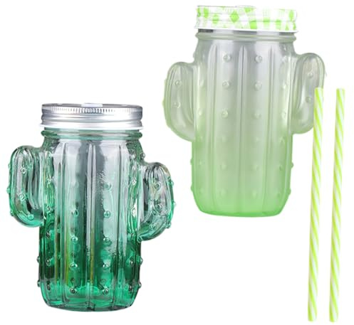 DEARMAMY 2Er Set Kaktusförmige Glasbecher Mit Deckel Und Strohhalm Trinklernbecher Mit Strohhalm Breite Öffnung Für Heiße Und Kalte Getränke Für Zuhause Café Bar Und Party