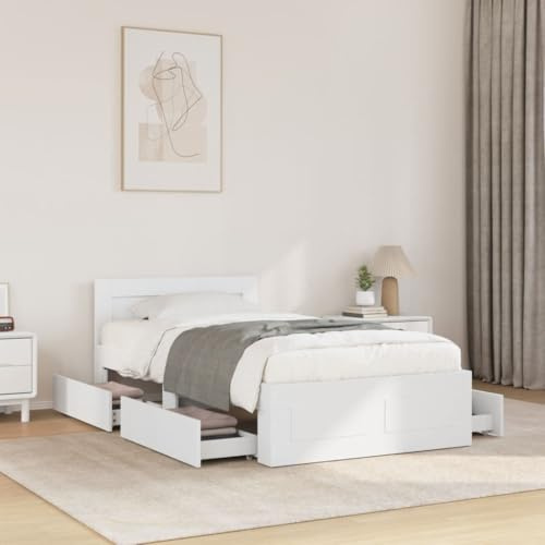 HUAKEHOM Bettgestell Bett mit Kopfteil Bettrahmen mit Lattenrost Doppelbett Schlafzimmerbett mit Stauraum Ottoman Bett ohne Matratze Weiß 100x200 cm