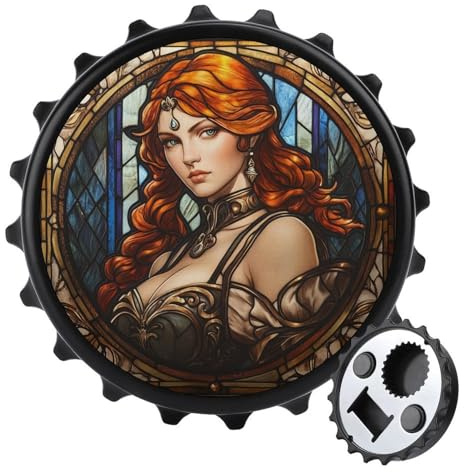 Décapsuleur rond en verre teinté pour femme, motif cheveux rouges, aimants pour réfrigérateur, cuisine, bureau