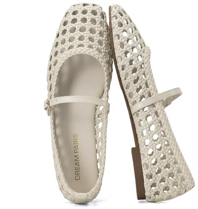 DREAM PAIRS Ballerines Femme Tressees Mary Jane Bout Carre Chaussures Plates Confortables Respirantes Bride Reglable Boucle Ete Mode Ville Travail Quotidien Voyage,Size 41.5,Beige,SDFA26006W