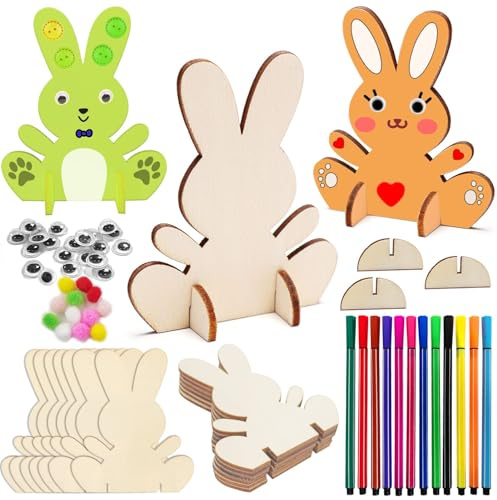 10 Stück Ostern Hasen zum Bemalen aus Holz,Osterhase Holzanhänger | Ostern Deko,Bastelsets Frühling Kinder mit Bunte Mini Pompons und Kulleraugen für Dekorationen