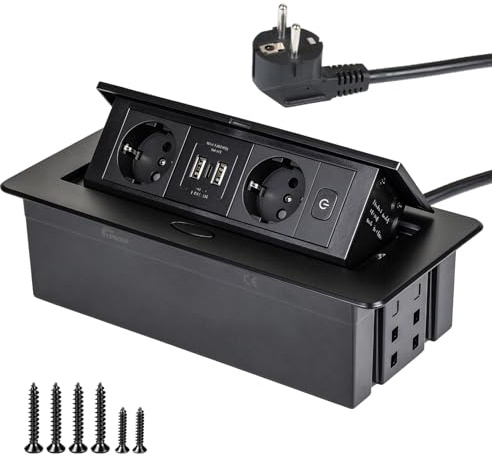 CPROSP Regleta Empotrable de Mesa con 2 Enchufes y 3 USB (2A+1C) | Color: Negro
