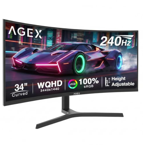 X AGEX 34 Inch 240Hz Curved Gaming Monitor 3440x1440 VA Height Adjustable | Ultrawide 21:9 UWQHD, 1ms MPRT, 100% sRGB, 350cd/m² Brightness, 4000:1 Contrast, Adaptive Sync, PIP PBP, DP1.4 HDMI2.1, Black