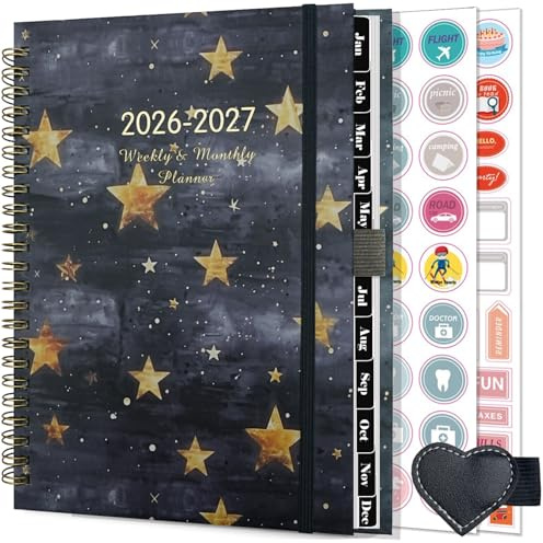 Veckodagbok 2026 2027 spiral - A5 skoldagbok (juli 2026 - juni 2027) - 12 månaders planerare med pennspänne och planklistermärken (svart)