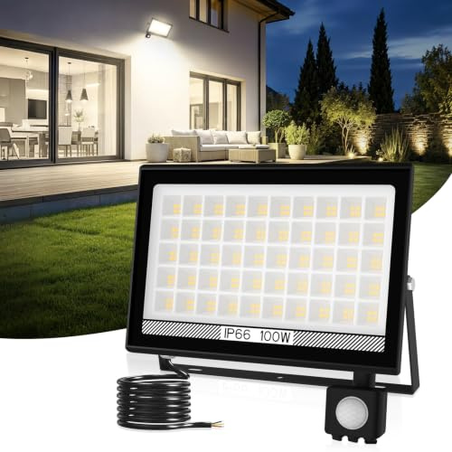 T-SUN 4000K Security Lights Outdoor Motion Sensor, 100W, Dusk Till Dawn | 10000 Lumen LED Floodlight, IP66 Waterproof Sensor Outdoor Lights Mains Powered for Backyard, Garage, Doorways