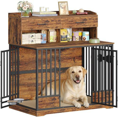 Hzuaneri Cage pour Chien, 120 cm Meuble Cage Chien, Marron Rustique | Multi-Rangements 3 Niveaux avec Gamelles Pivotantes, 2 Tiroirs et Coussin, XXL Cage Moyens Grands, 120 x 75 x 126 cm 9220201B