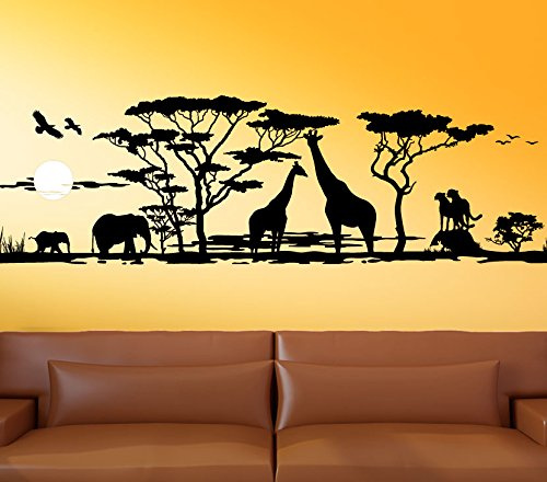 Wandora G012 Afrika Savanne Giraffe Elefant Steppe Wandaufkleber Wandsticker schwarz (BxH) 190 x 58 cm