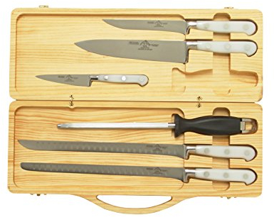 JJ Cuchillería Sonpó Online - Modelo ECJBL - Pack de cuchillos para corte de jamón - Mangos de color blanco y estuche de madera.