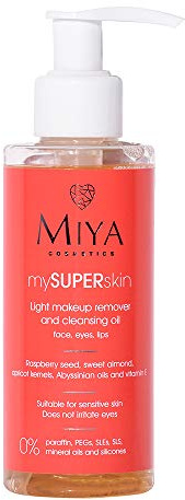 Miya Cosmetics Light - Aceite desmaquillante para lavado facial, 140 ml, contiene semillas de frambuesa y aceite de almendras dulces, vitamina E, eficaz y delicado, no irrita los ojos, para todo tipo