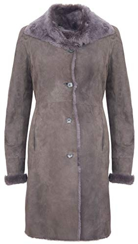 Damen 3/4 Geknöpft Grau Merino Shearling Wildleder Schaffell Mantel
