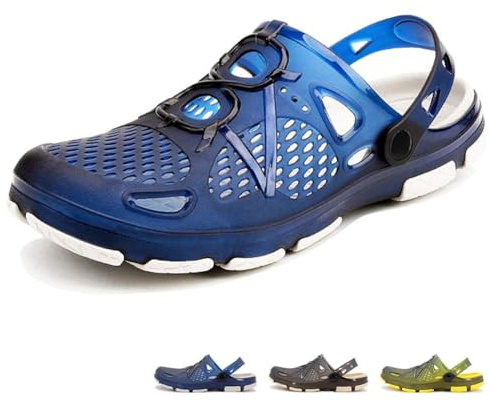 beister Mens Clogs Non Slip Water Shoes with Adjustable Strap, Lightweight Slip on Mules Garden Kitchen Outdoor Beach Yard Pool Shower Summer Sandals Slippers Blue White