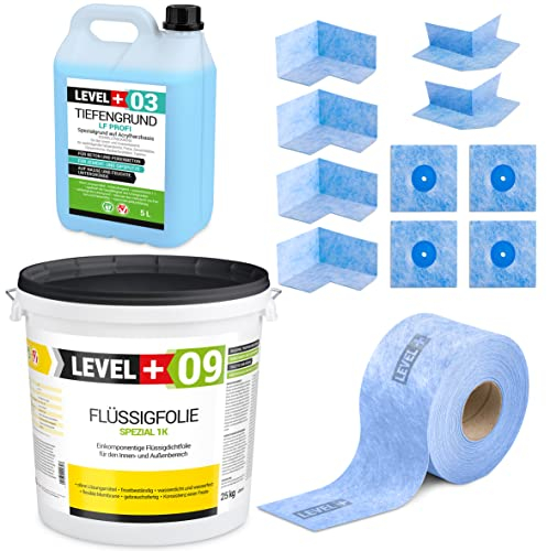 Dicht-Set 25 Kg Flüssigfolie, 4 Innenecken, 4 Wandmanschetten, 25m Dichtband, Tiefengrund 5 L Balkonabdichtung Terrasse Bad Dusche SET70