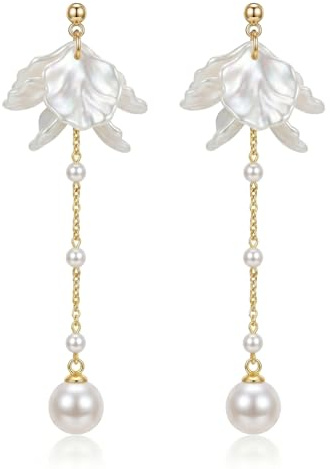 Boucles d'oreilles Femme Pendantes fleur de nacre opale blanche, boucles d'oreilles pour femmes avec pétales de fleurs blanches, Perle Métal Perle, Perle-7079131